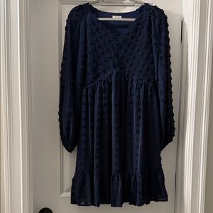 Navy Textured Long Sleeve Dress